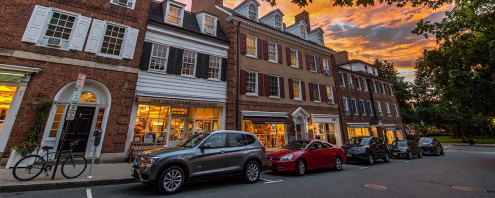 Palmer Square storefronts in the evening light
